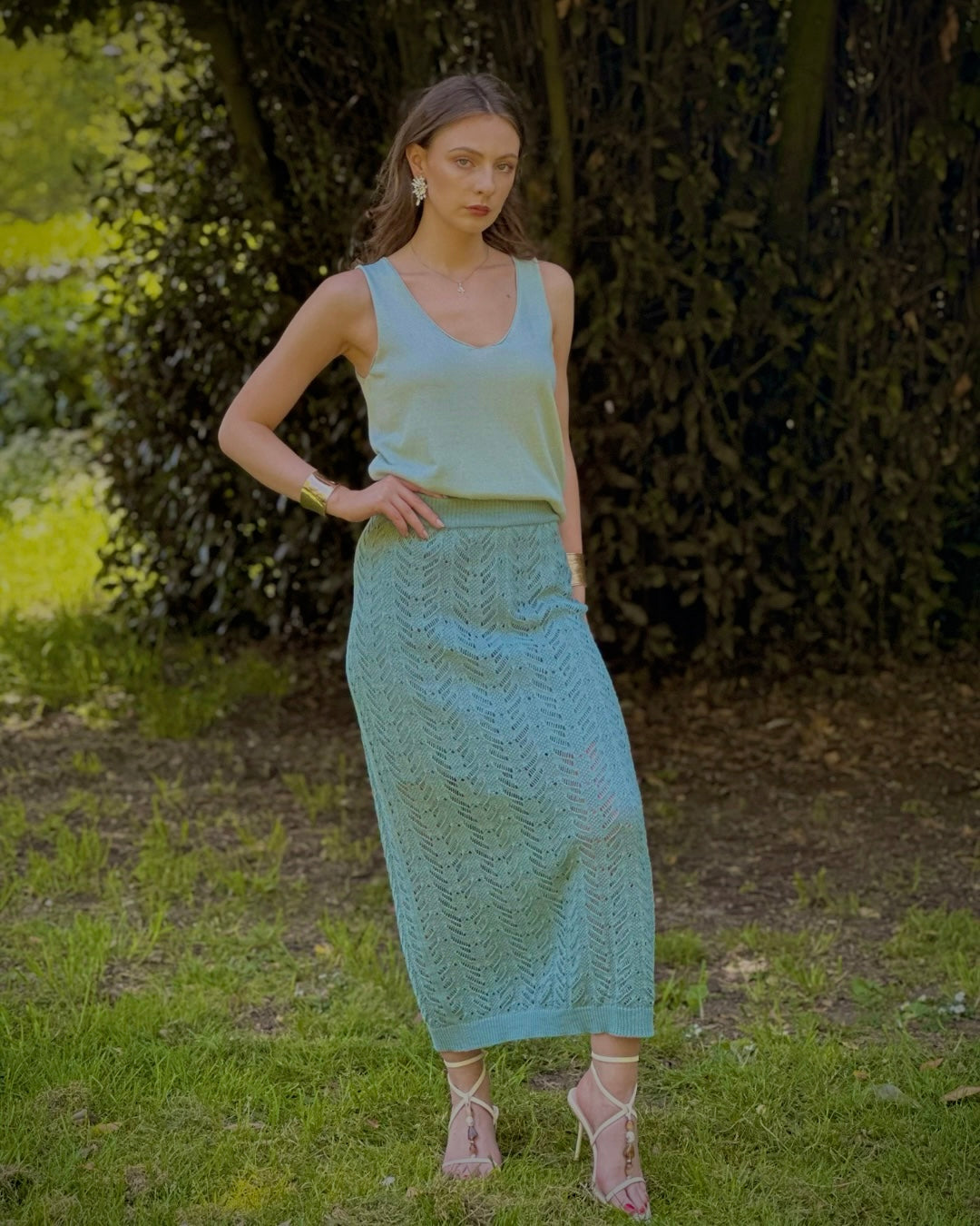 Classy Breathy Straight Fit Knitted Cotton Turquoise MIDI Summer Skirt - AALKAMI.London