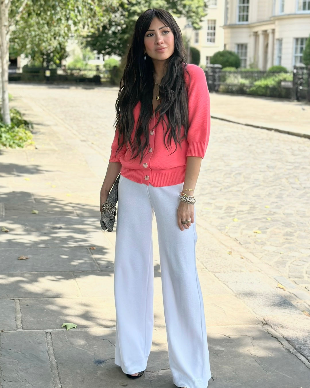 Soft Cotton Blend Relaxed Fit V-Neckline Short Sleeve Sustainable Coral Summer Cardigan - AALKAMI.London