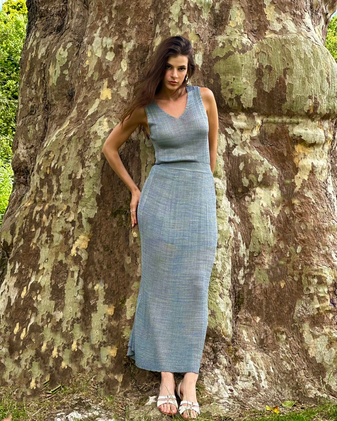 Holiday Light Long Ribbed Sleeveless Summer Grey Top - AALKAMI.London