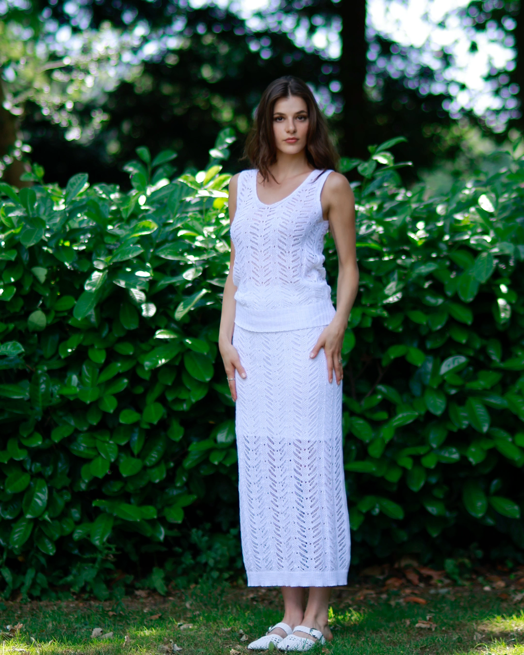 Ethically Made Relaxed Fit Sleeveless Open Knit White Summer Top - AALKAMI.London