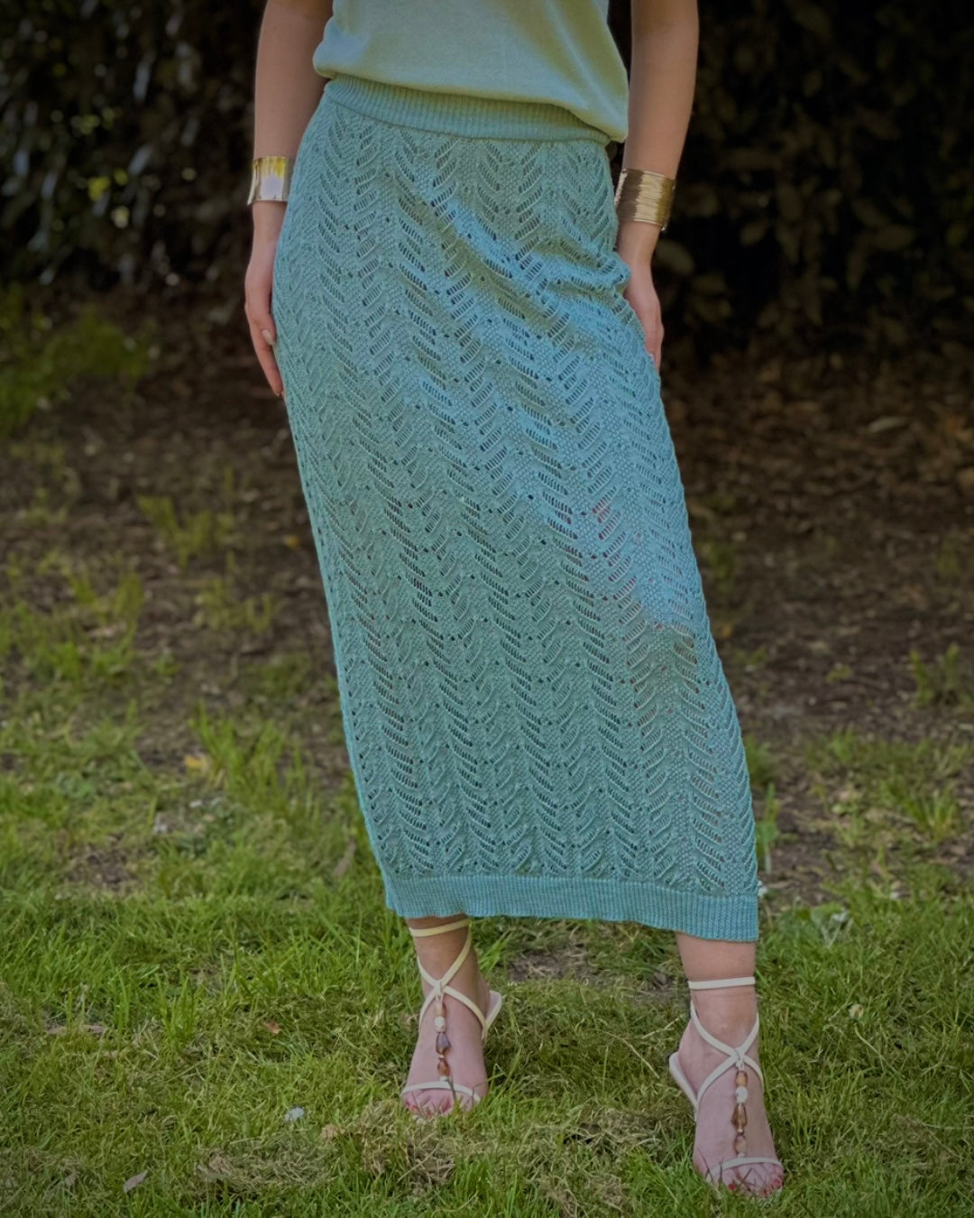 Open-Knit Linen MAXI Skirt in Turquoise
