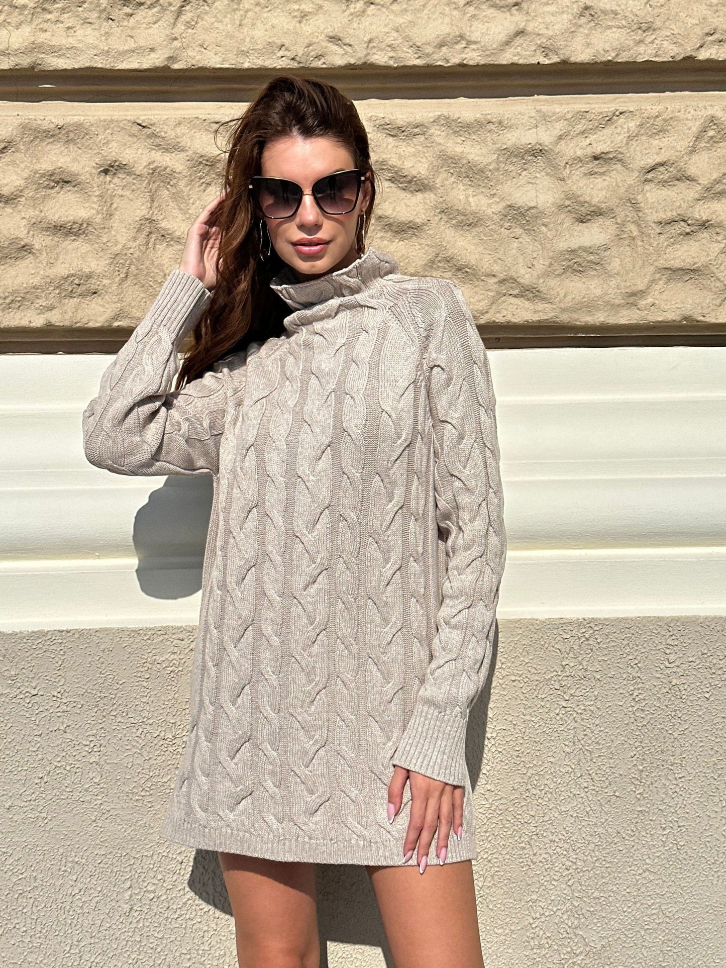 Spring Classic Relaxed Silhouette Cable Knit Turtleneck Beige Jumper Dress - AALKAMI.London