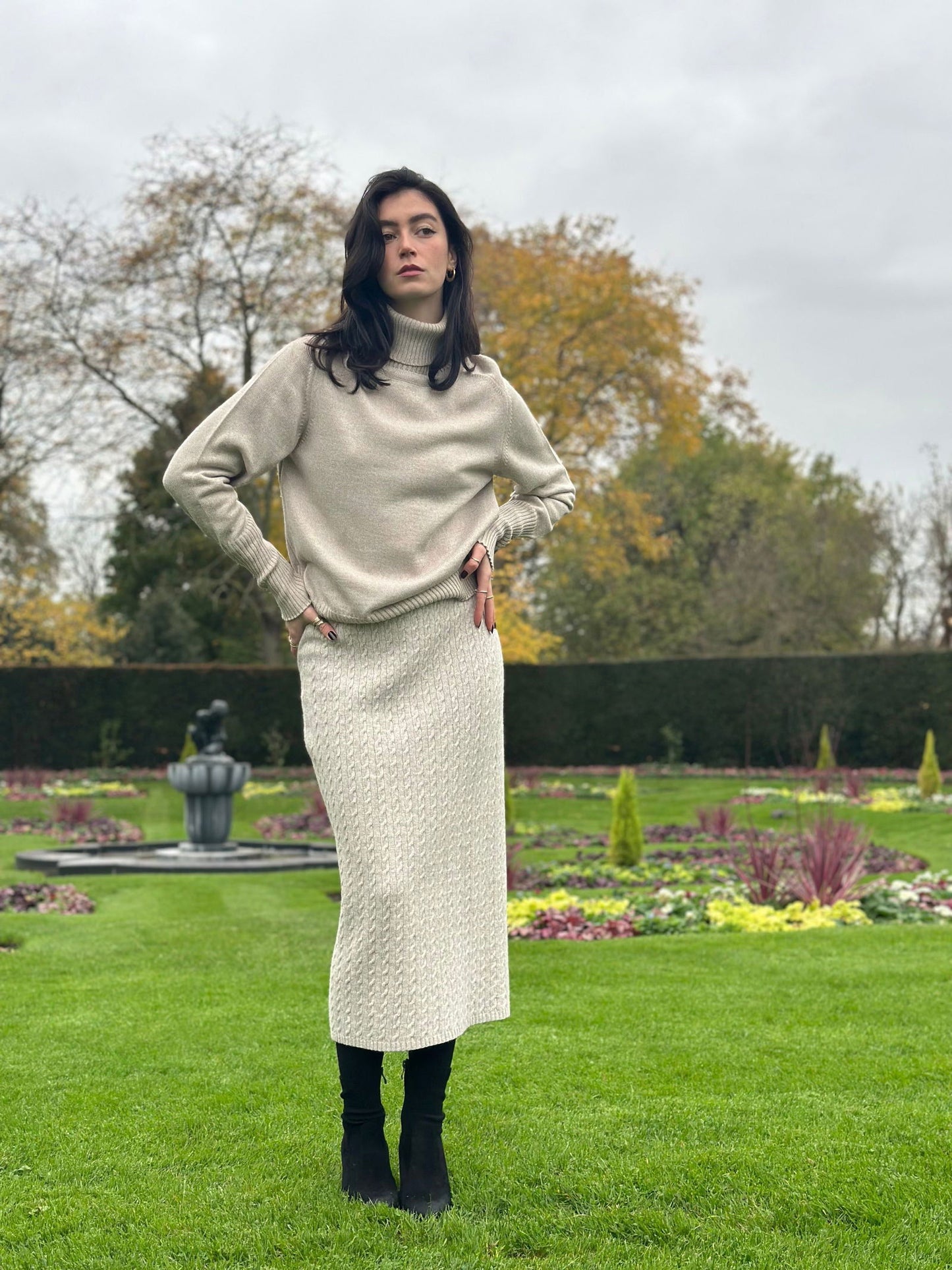 Sophisticated Daywear Style Italian Wool Cable Knit MIDI Beige Skirt - AALKAMI.London