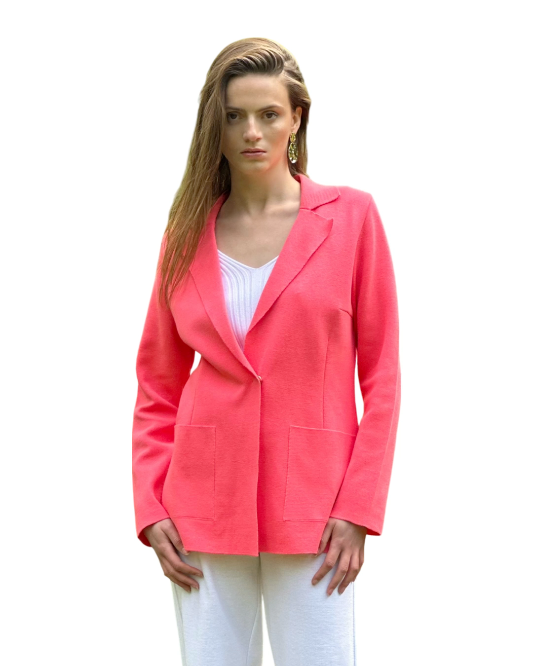 Elegant Fitted Cut Soft Cotton Knitted Coral Women’s Summer Blazer - AALKAMI.London