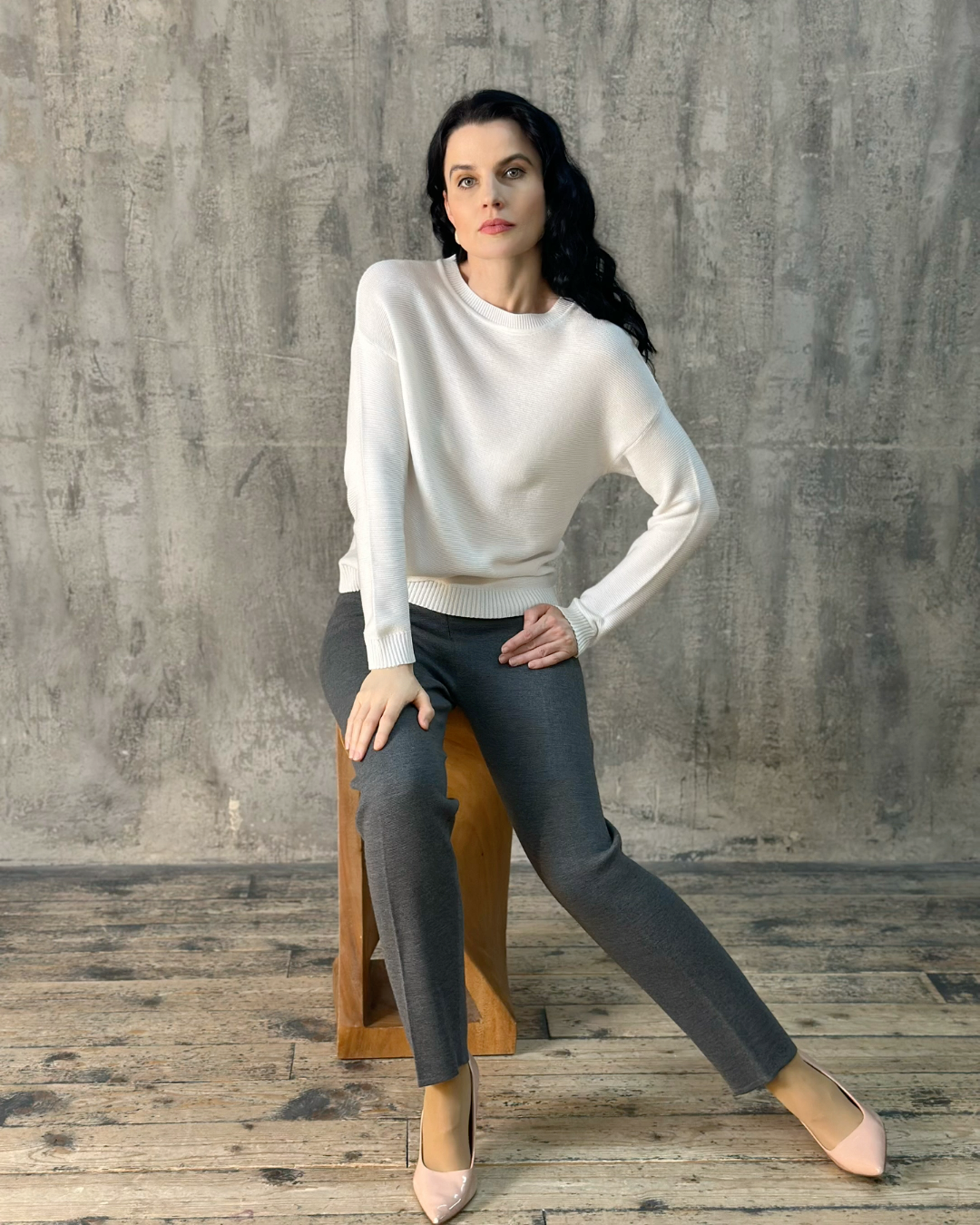 Lightweight Knitted Long Sleeve Crew Neck Cotton White Top - AALKAMI.London