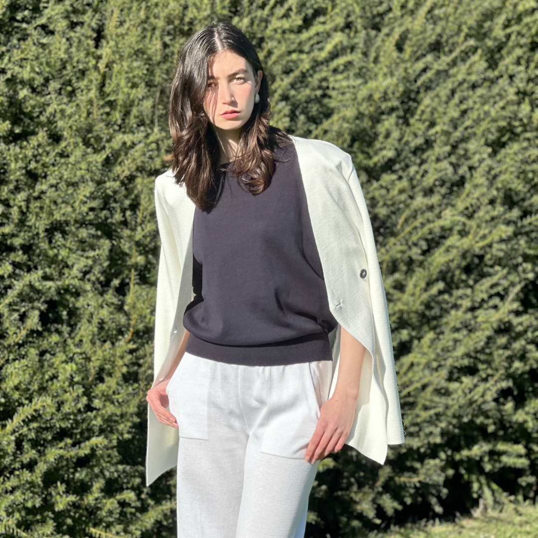 Lightweight Knitted Cotton Short Sleeves Navy Open Back Summer Top - AALKAMI.London