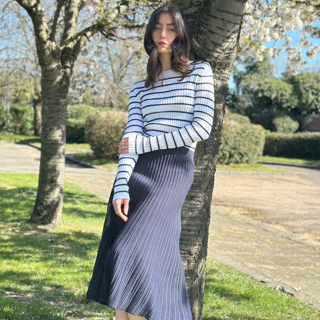 Elegant Fit A-Line Design Cotton Navy Ribbed MIDI Summer Skirt - AALKAMI.London