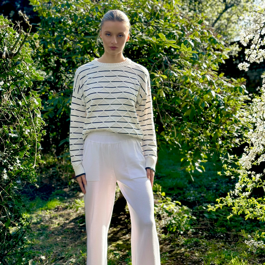 Classic Fit Crew Neck Knitted Nautical Cotton Striped Long Sleeve White Summer Top - AALKAMI.London