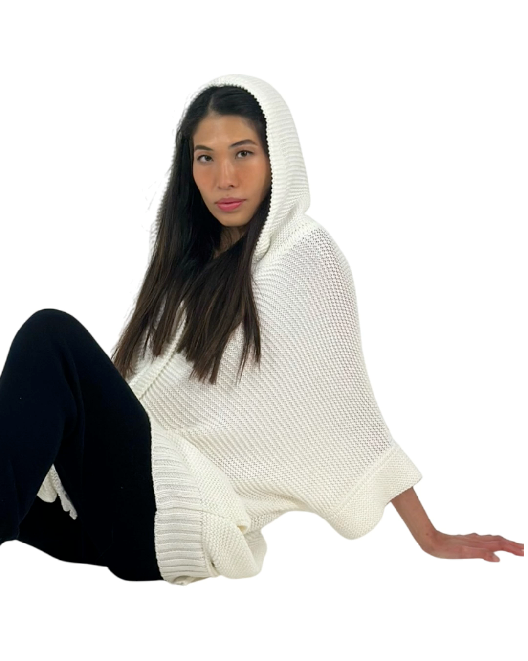 Cotton Knitted Elina Long Hooded Short Sleeve White Summer Cardigan - AALKAMI.London