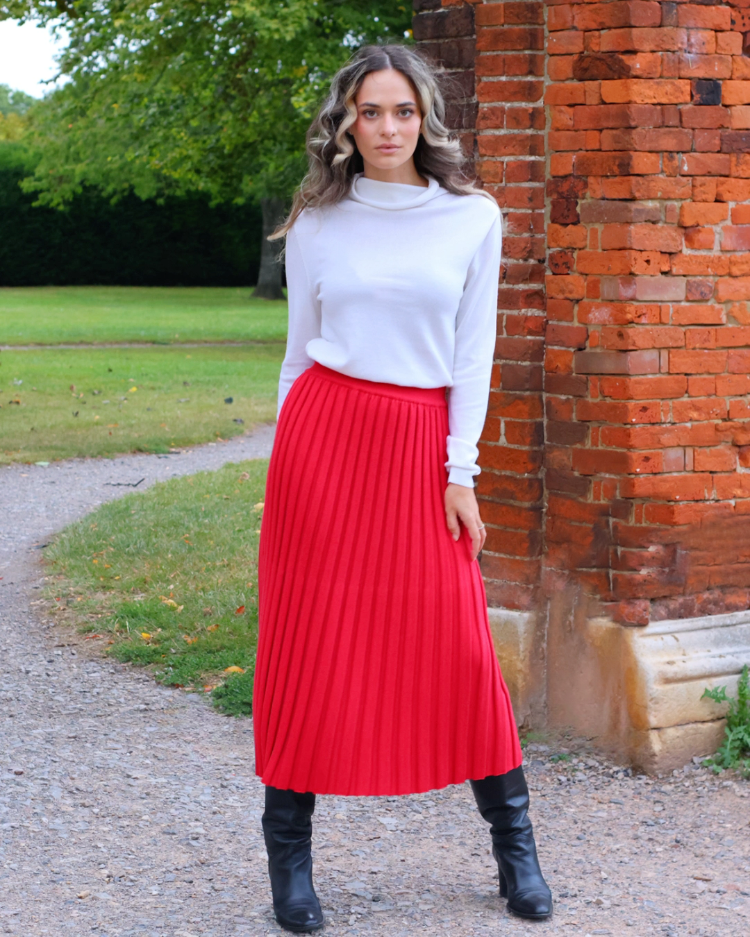 Summer Essential Easy Wear A-Line Style Knitted Pleated Cotton Red MIDI Skirt - AALKAMI.London