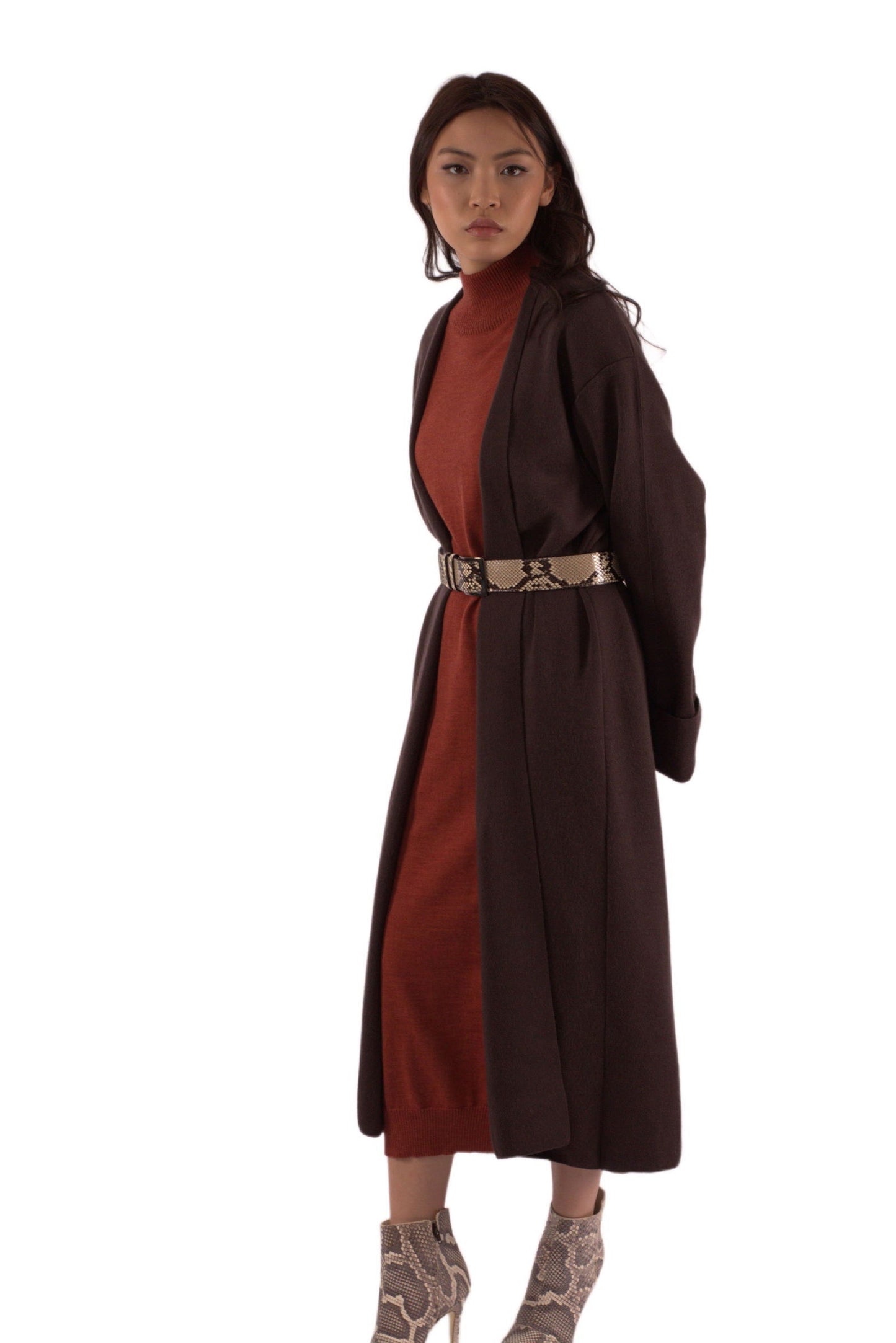 Loose Silhouette Stretch Soft Merino Wool Long Brown Dress - AALKAMI.London