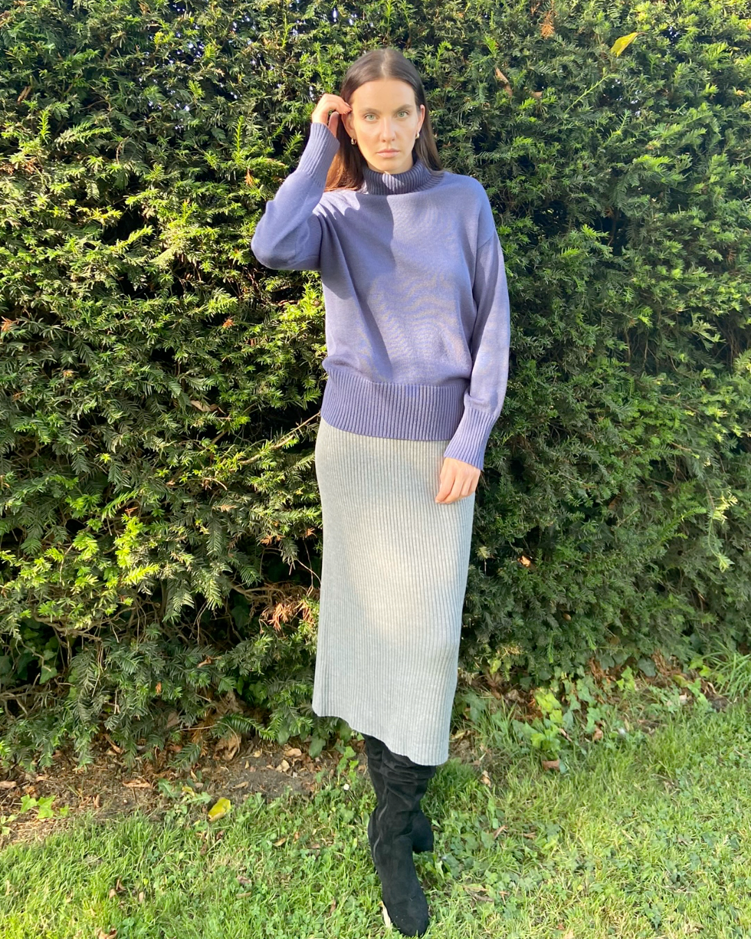 Elegant Style Elasticated Waistband Long Ribbed Wool Knitted Grey Skirt - AALKAMI.London