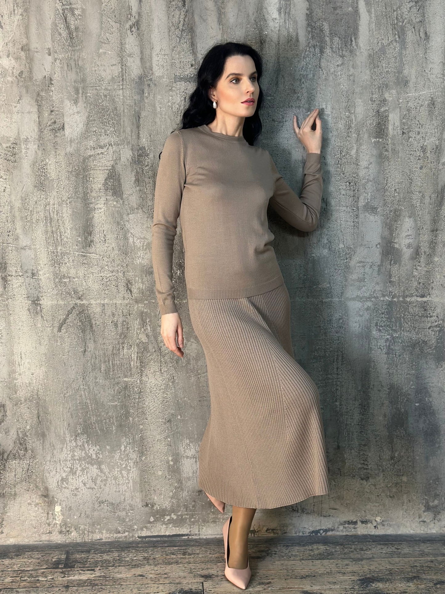 Women’s Luxury Wear Classic Look Trending Mocha A-Line Knitted Merino Wool Skirt - AALKAMI.London