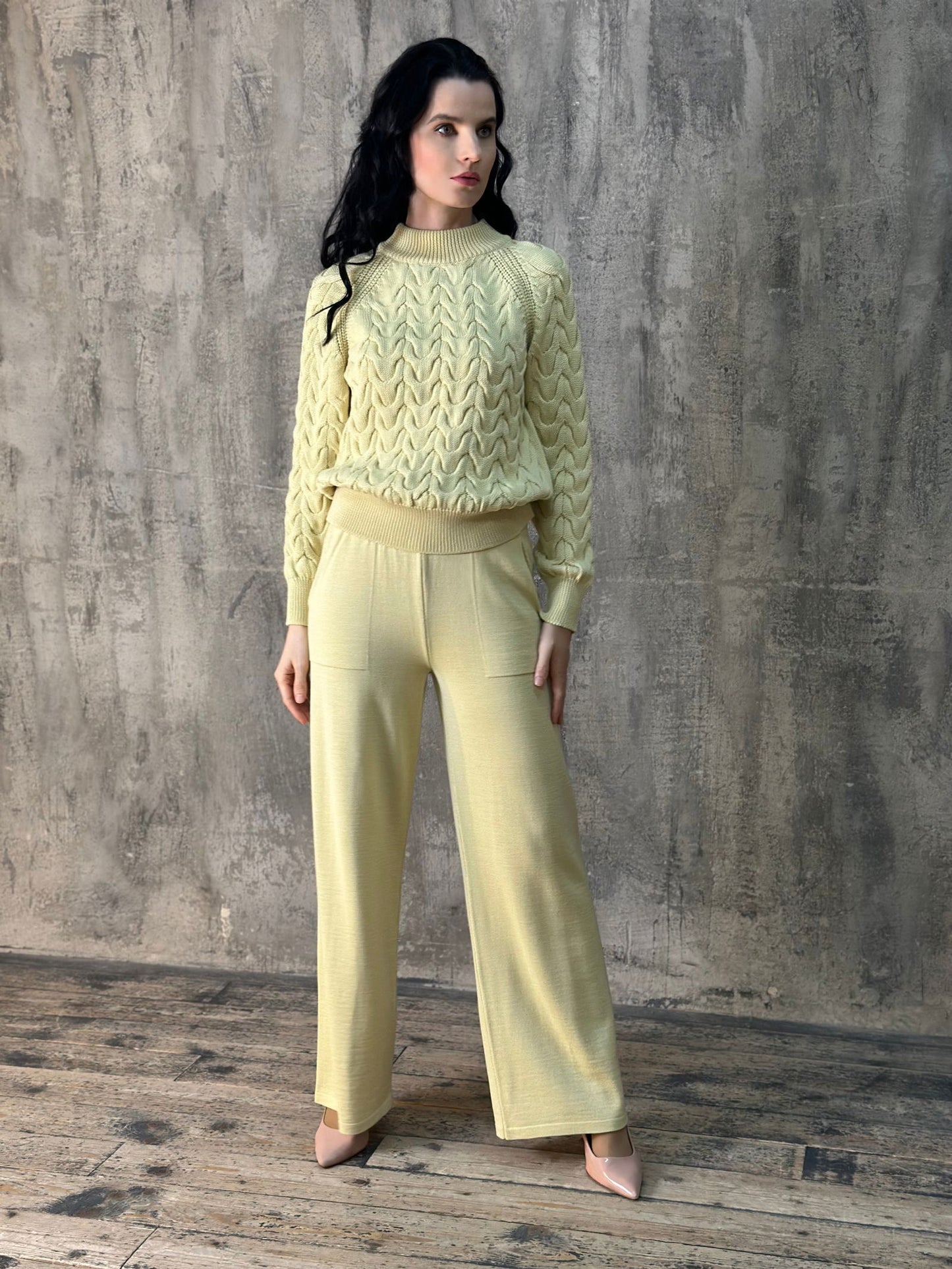 Casual Weekend Wear Natural Yellow Crew Neck Cable Knit Merino Wool Jumper - AALKAMI.London