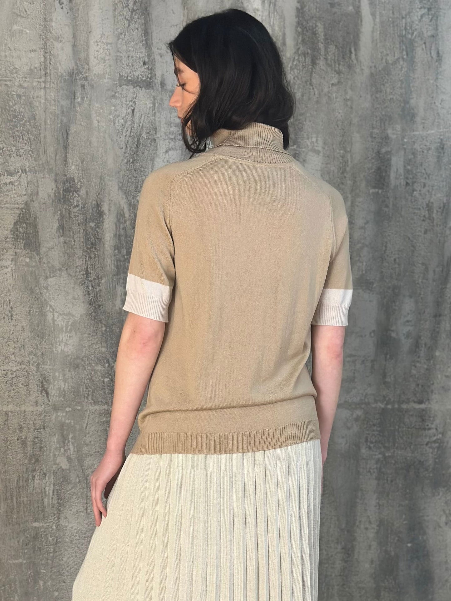 Spring Elegant Fit Italian Knitted Natural Merino Wool Short Sleeve High Neck Beige Top - AALKAMI.London