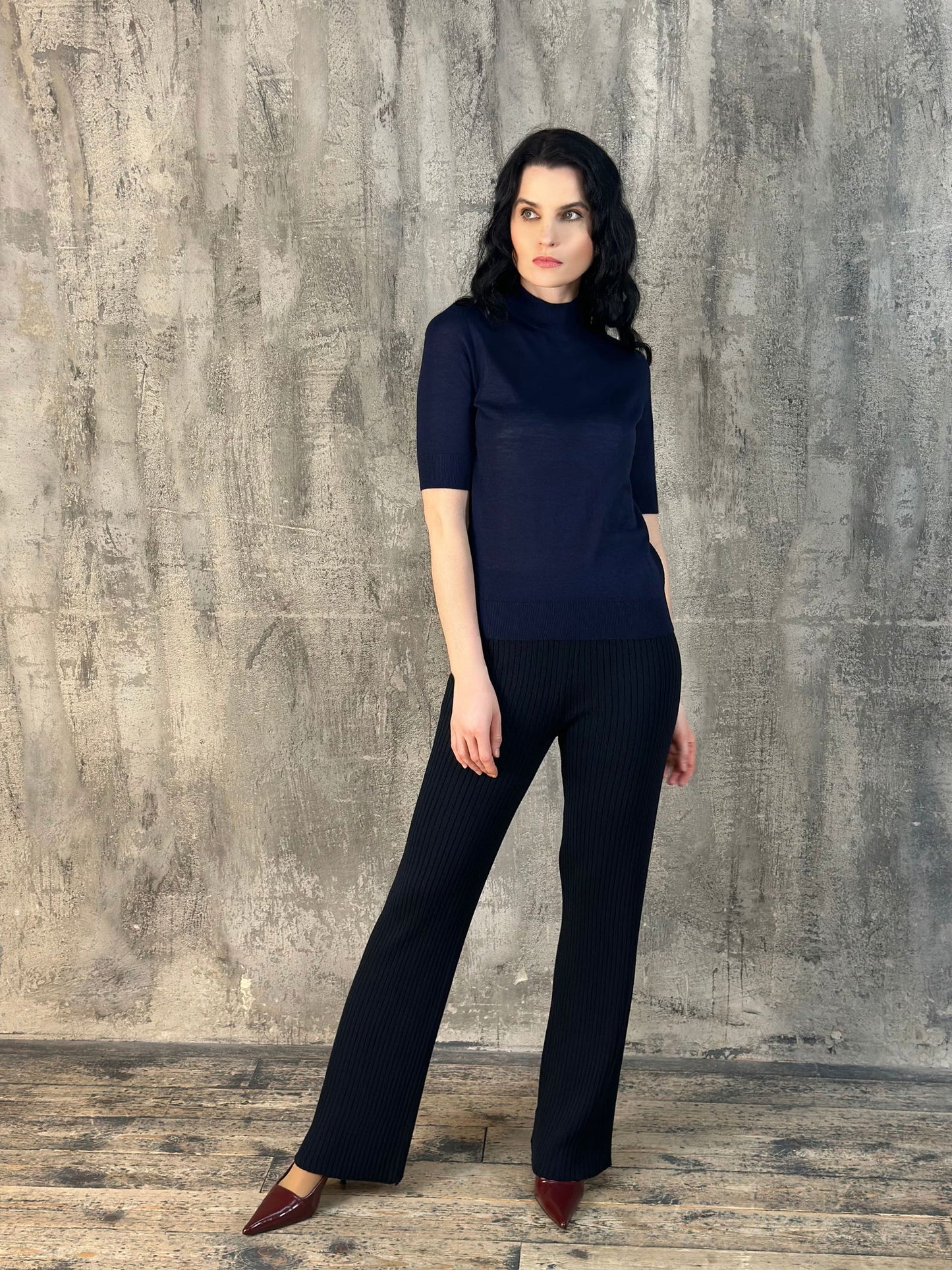 Work Wear Classy Slimming Silhouette Short Sleeve High Neck Navy Knitted Merino Wool Top - AALKAMI.London