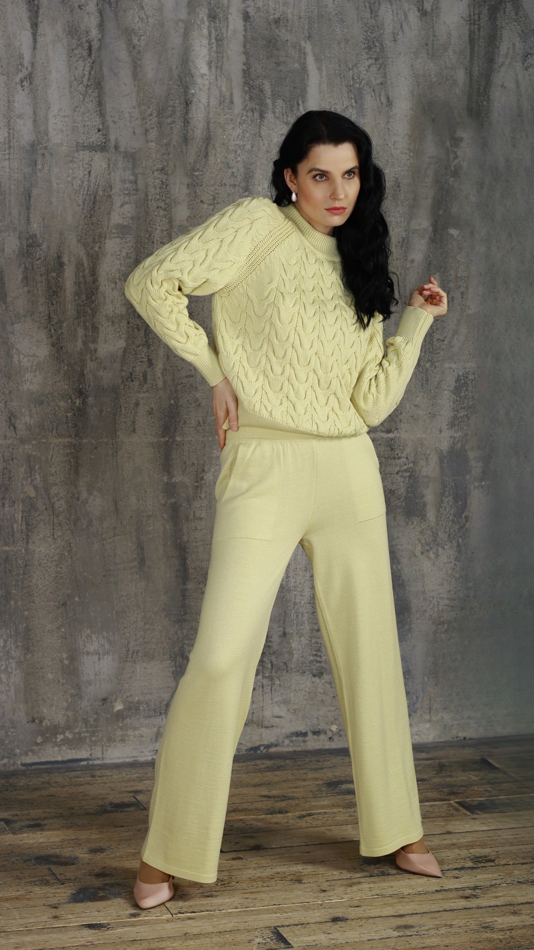 Casual Wear Spring Wide Leg Soft Straight Leg Knitted Yellow Merino Wool Trousers - AALKAMI.London
