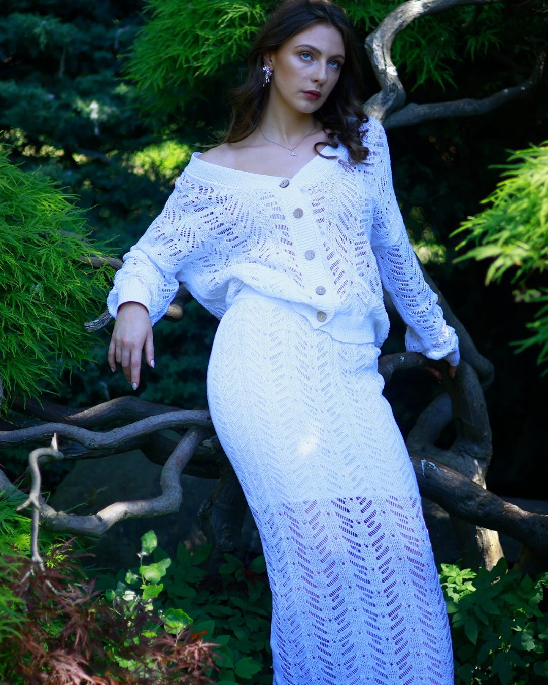 Light Airy Open-Knit Cotton-Linen Blend Relaxed Fit White Summer Cardigan - AALKAMI.London