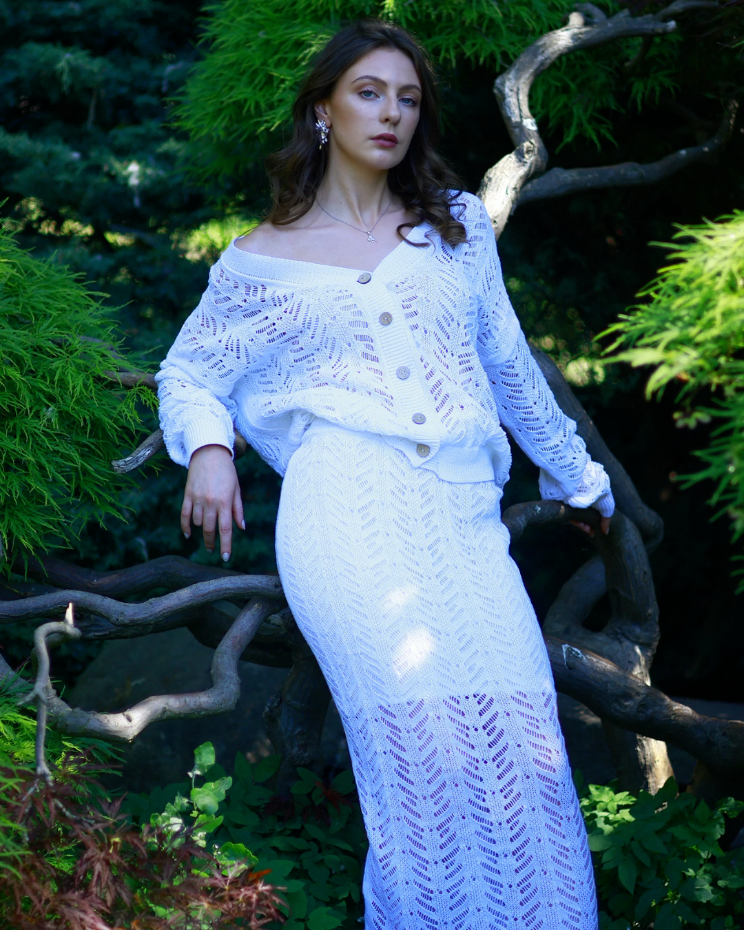 Lightweight Straight Fit Open-Knit Cotton-Linen Straight MAXI Summer Skirt in White - AALKAMI.London