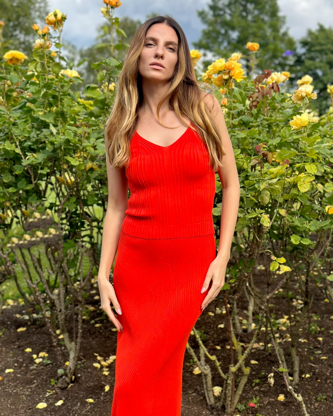 Garden Soirée Lightweight MAXI Sophisticated Look Red Knitted Ribbed A-Line Summer Skirt - AALKAMI.London