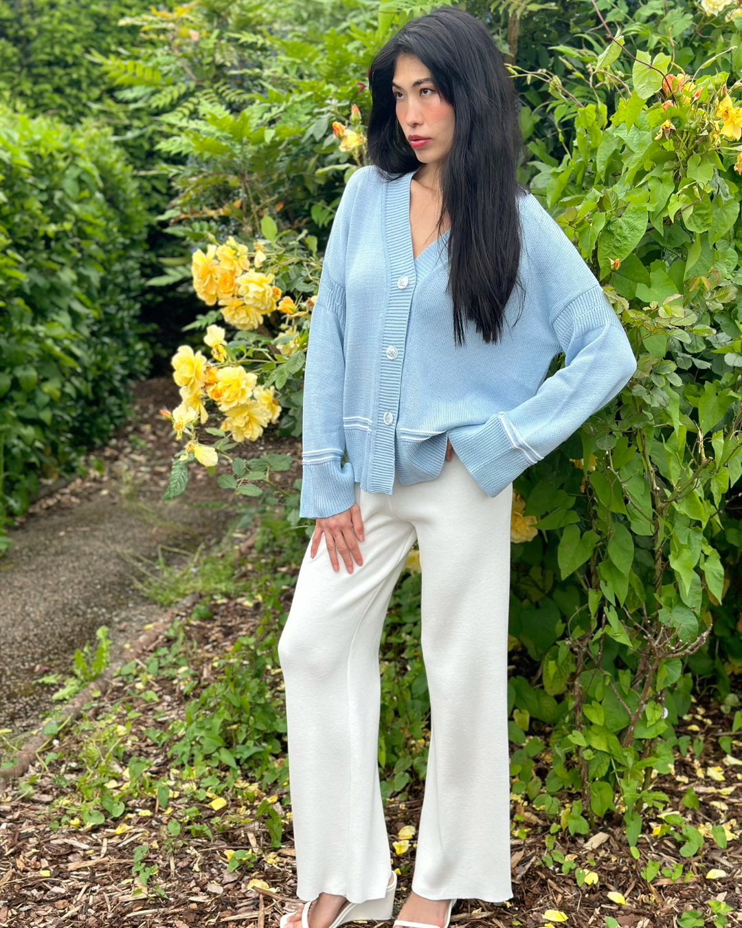 Classic Relaxed Fit Long Sleeve Sustainable Soft Sky Blue Knitted Cotton Summer Cardigan - AALKAMI.London