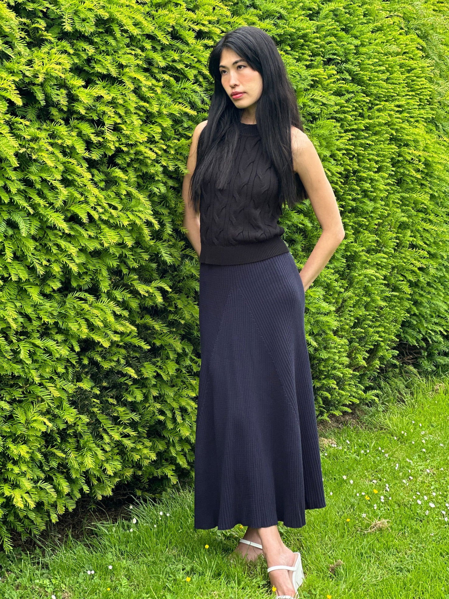 Lightweight Knitted Evening Wear Women’s MIDI A-Line Navy Cotton Summer Skirt - AALKAMI.London