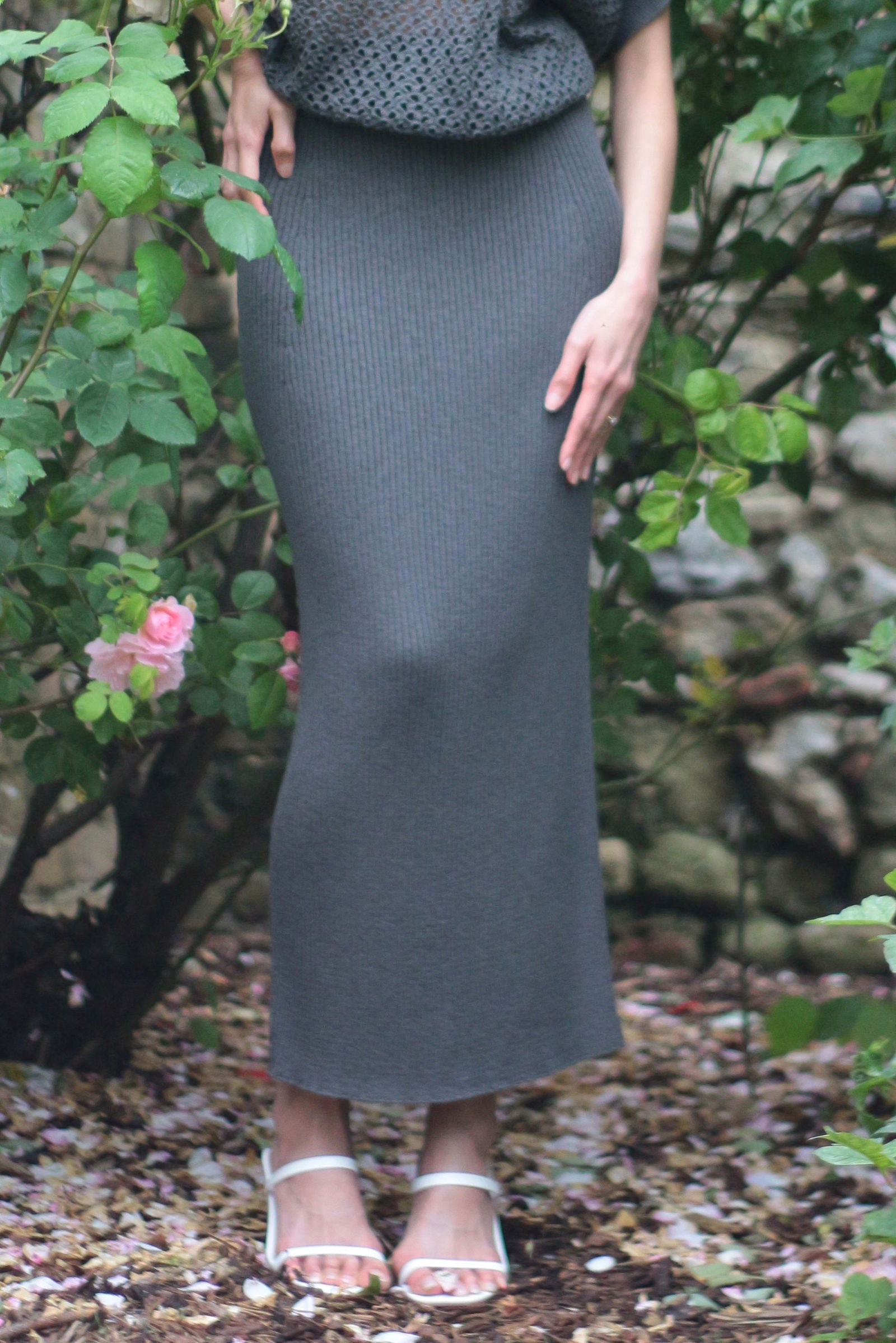 Women s Long Ribbed Skirt In Charcoal Gray AALKAMI London