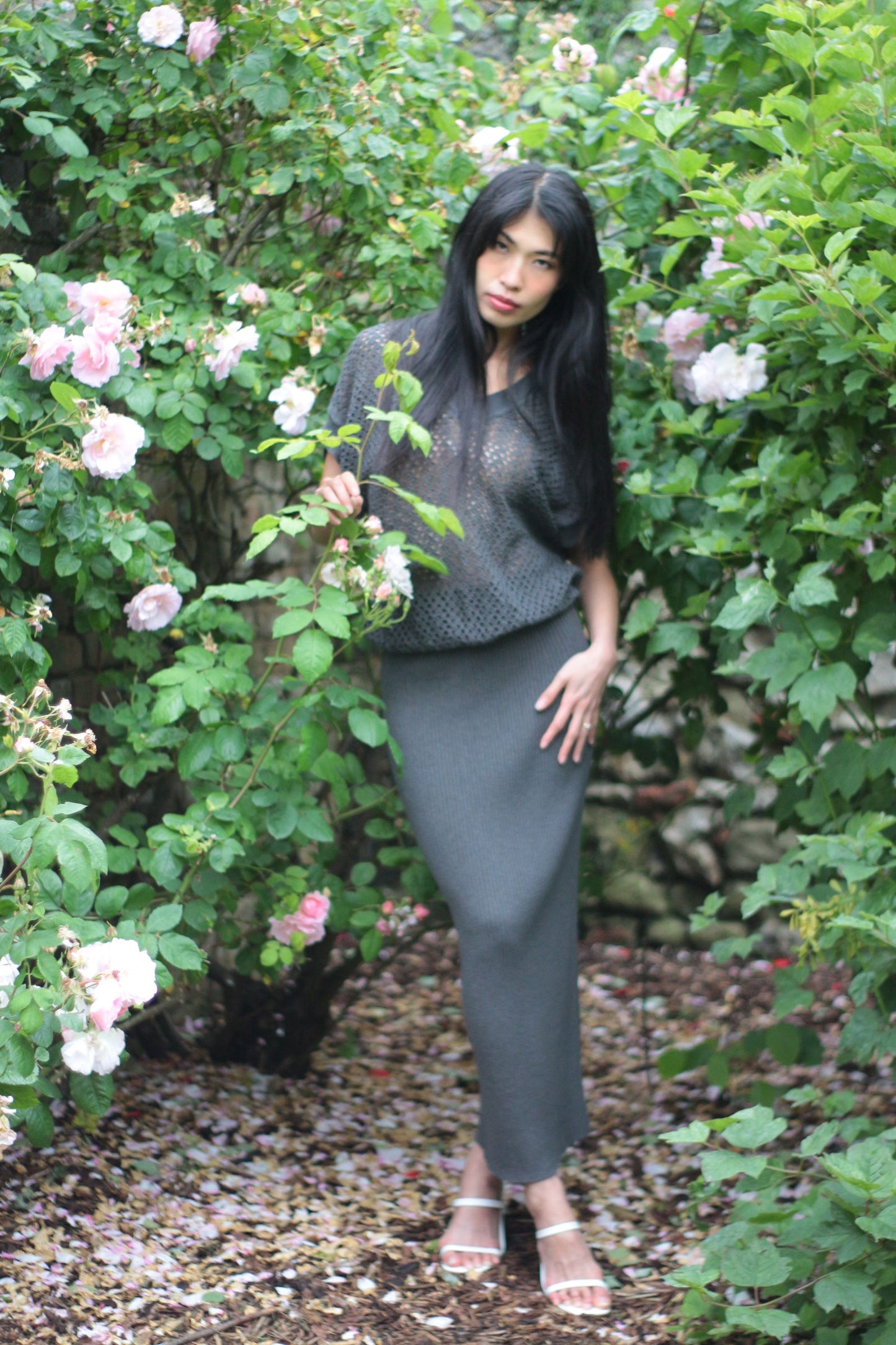 Cotton Pull On Slim Silhouette Women’s Long Ribbed Knitted MIDI Grey Summer Skirt - AALKAMI.London