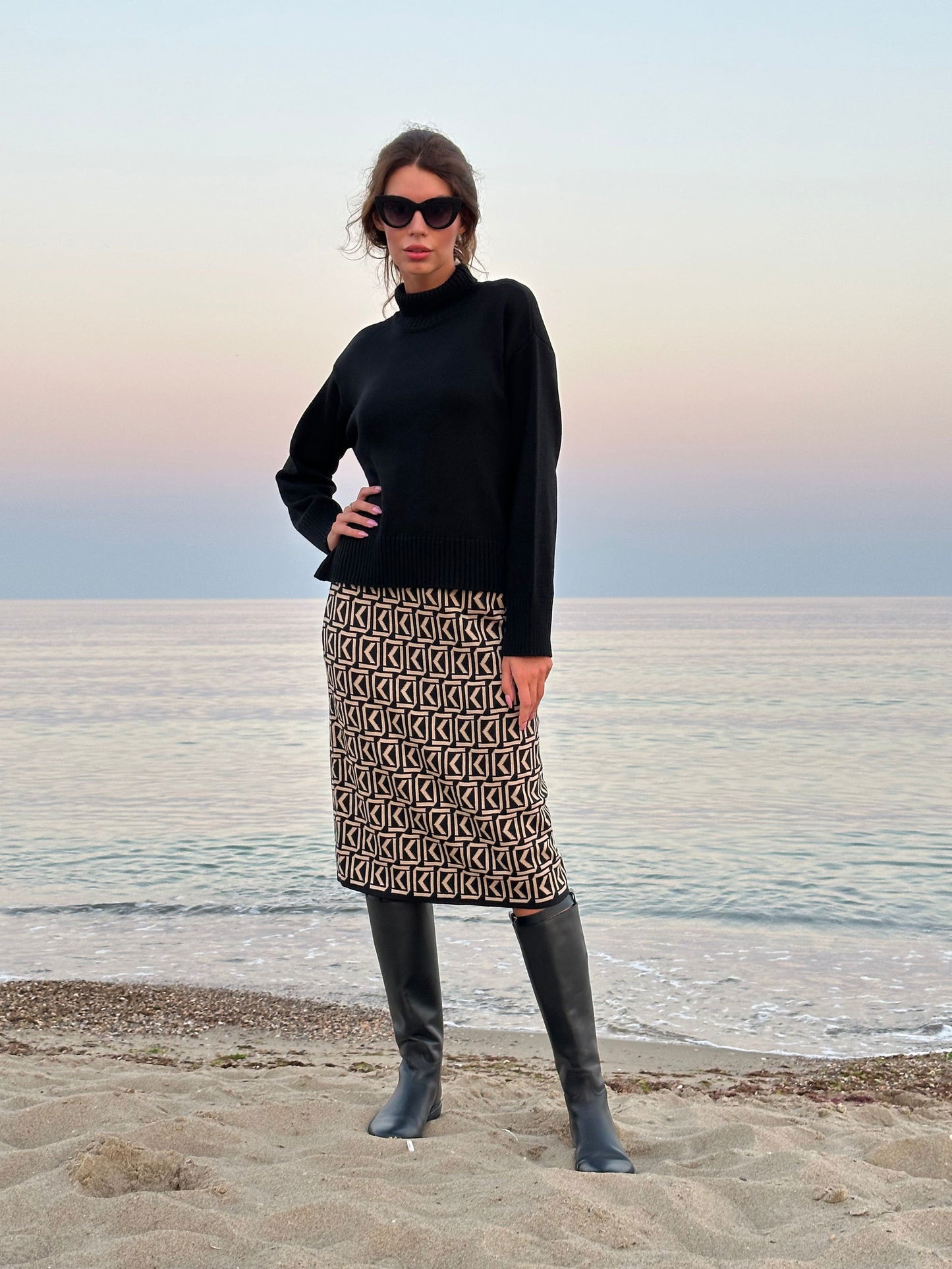 Versatile Style Essential Women’s Soft Knitted Print Logo Knitted MIDI Wool Skirt - AALKAMI.London