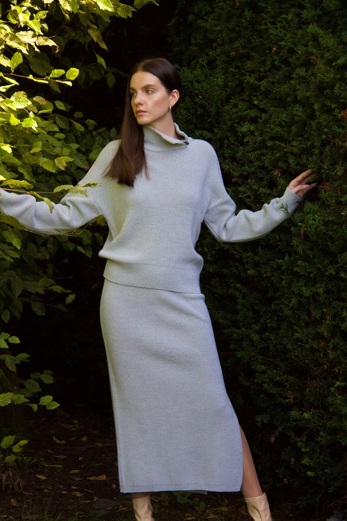 Women’s Knitted Pencil Side Slit Maxi Grey Wool Skirt - AALKAMI.London