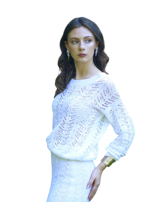 Breathable Relaxed Fit Open Work Design Long Sleeves White Summer Top - AALKAMI.London 