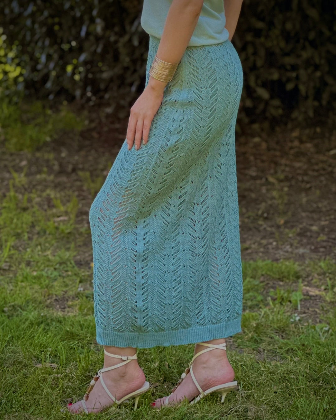 Lightweight Open-Knit Linen MAXI Summer Skirt In Turquoise - AALKAMI.London