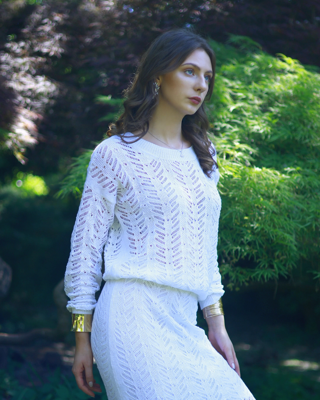 Ethically Made Classic Fit Round Neck Long Sleeves Open Work White Summer Top - AALKAMI.London 