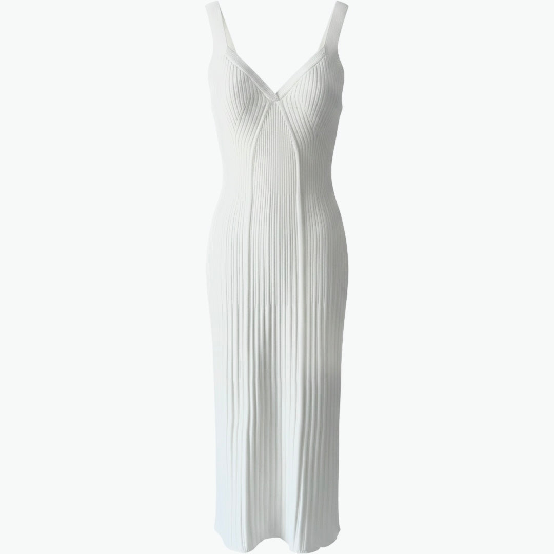 Lightweight Classic Fit White Ribbed Sleeveless Cotton Summer Dress - AALKAMI.London