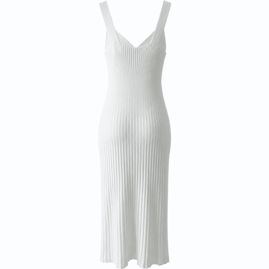 Summer Wide Strap Fitted White Ribbed Design Cotton Dress - AALKAMI.London