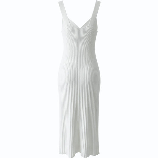 Summer Wide Strap Fitted White Ribbed Design Cotton Dress - AALKAMI.London