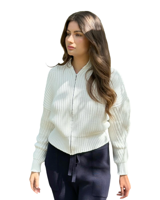 Spring Soft Natural Material Cotton Front Zipper White Cardigan - Aalkami.London
