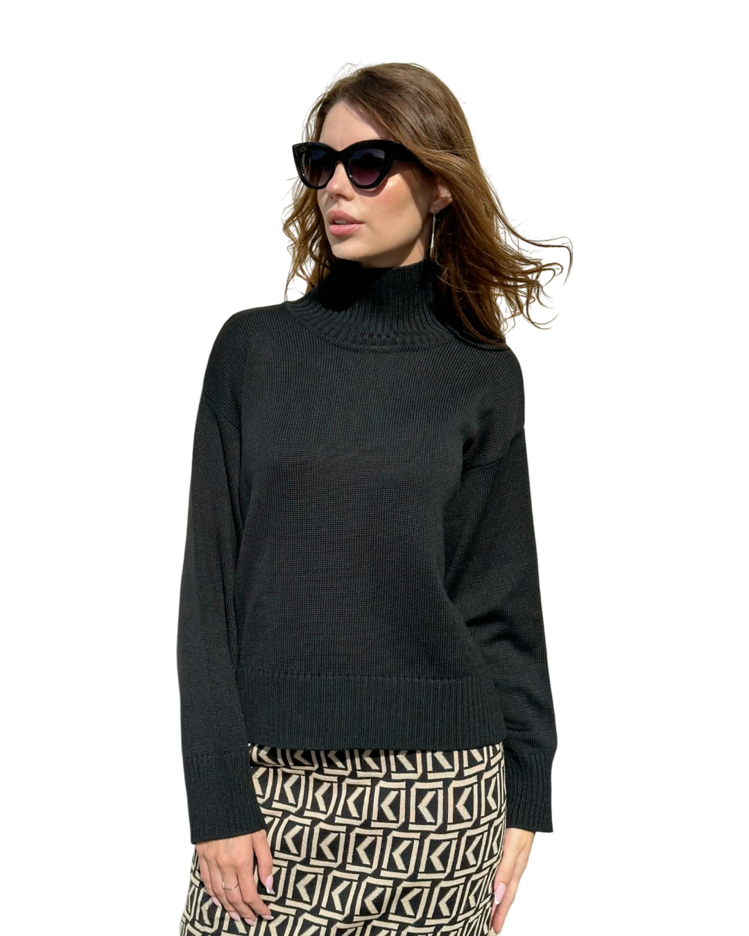 Merino Wool High Neck Relaxed Fit Knitted Black Jumper - AALKAMI.London