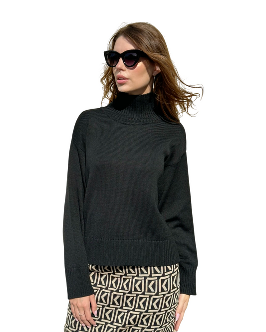 High Neck Relaxed Fit Knitted Black Merino Wool Jumper - AALKAMI.London