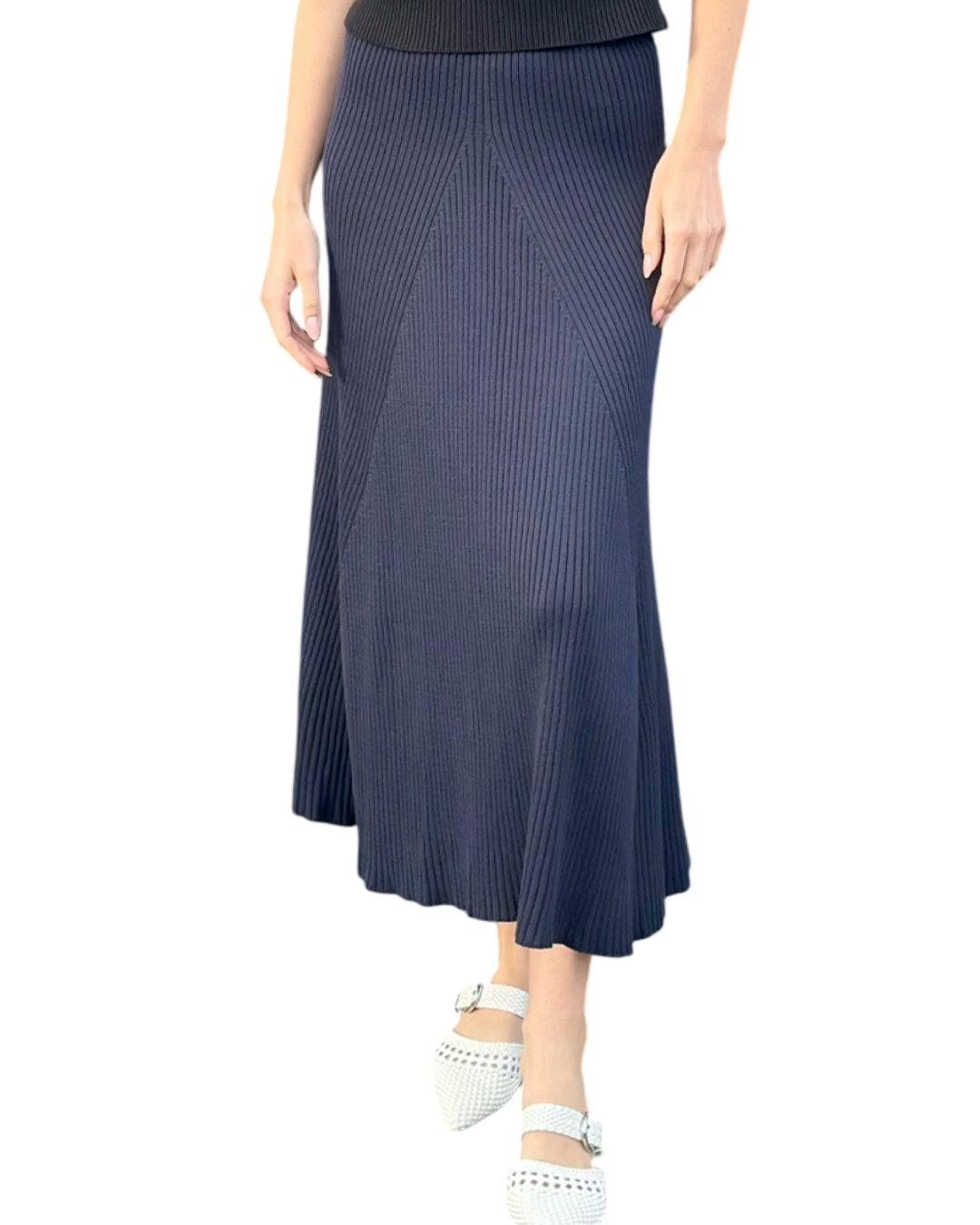 A-Line Design Ethically Made Knitted Cotton Ribbed MIDI Navy Summer Skirt - AALKAMI.London