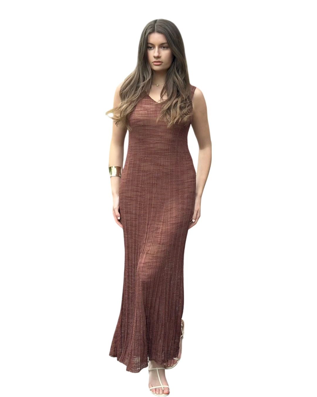 Soft Lightweight Long Sleeveless Brown Loose Silhouette Summer Dress - AALKAMI.London