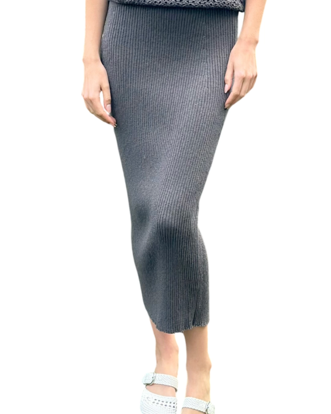Summer Light Fitted Ribbed Design Cotton Grey Long Skirt - AALKAMI.London