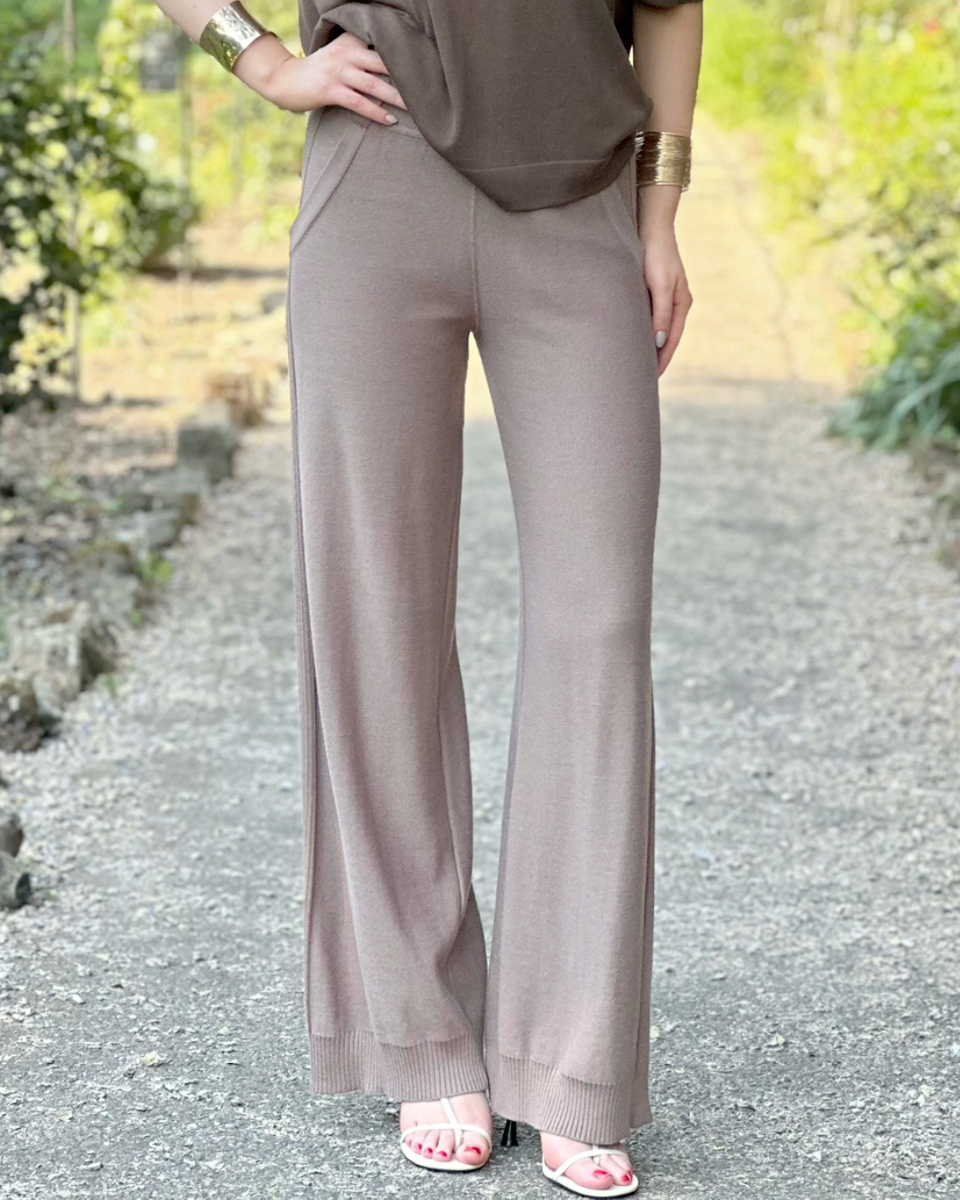 Cotton Lightweight Wide Leg Elasticated Waistband Ribbed Side Design High Waist Brown Trousers - AALKAMI.London