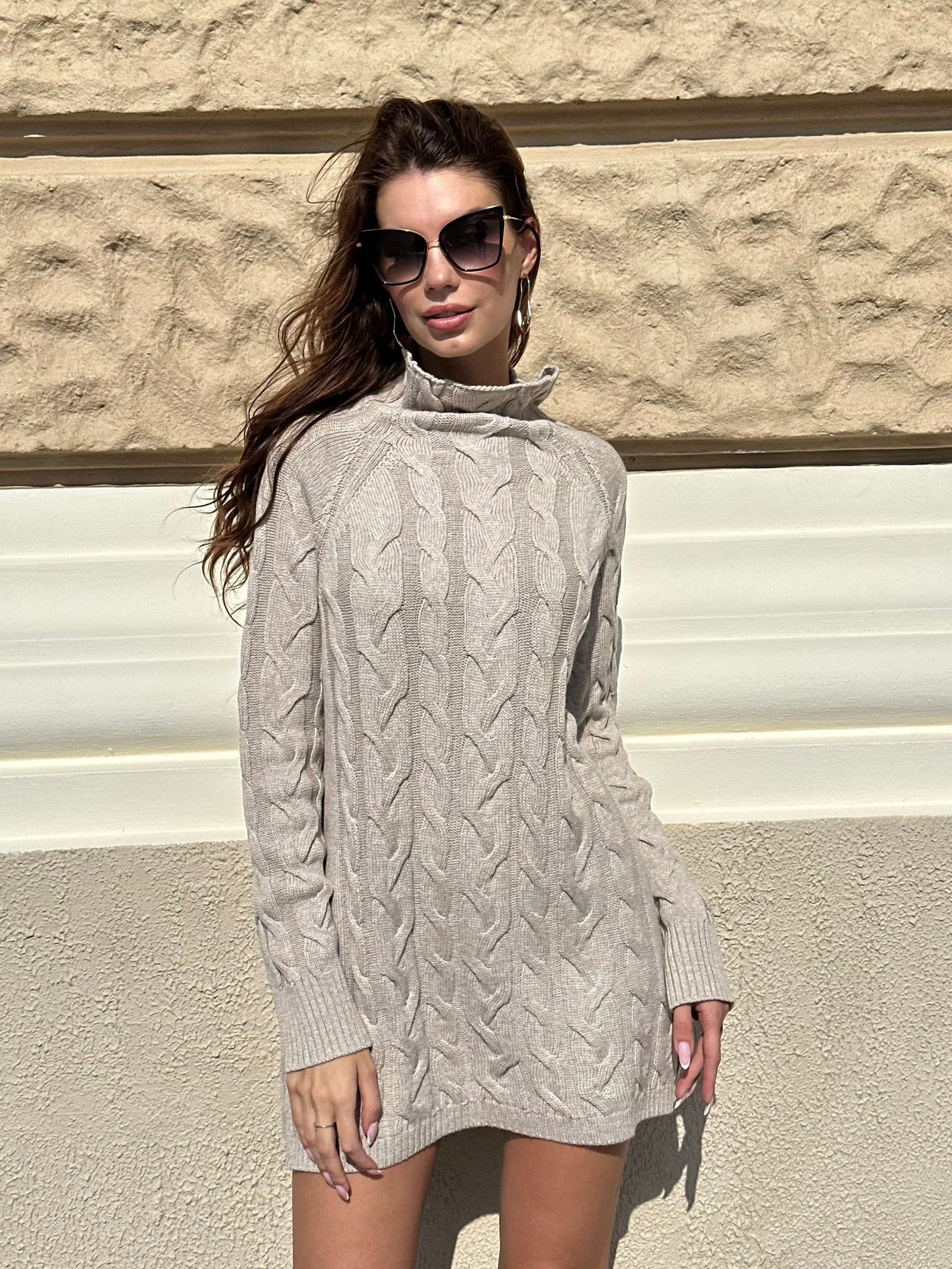 Relaxed Fit Cable Knit Design Wool Short Beige Jumper Dress - AALKAMI.London