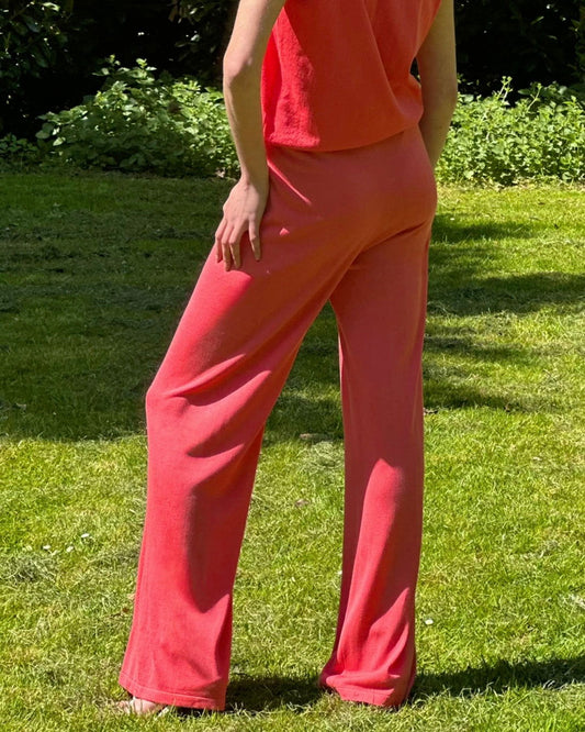 Summer Breathable Knitted Loose Fit Coral Wide Leg Trousers - AALKAMI.London