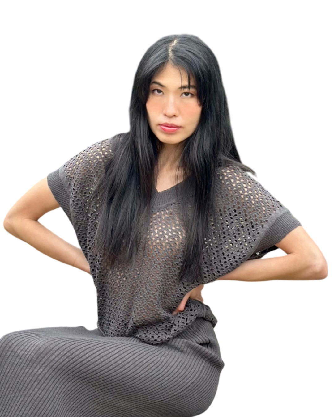 Short Sleeve Soft Cotton Blend Open Stitch Knitted V-Neck Grey Summer Top - AALKAMI.London