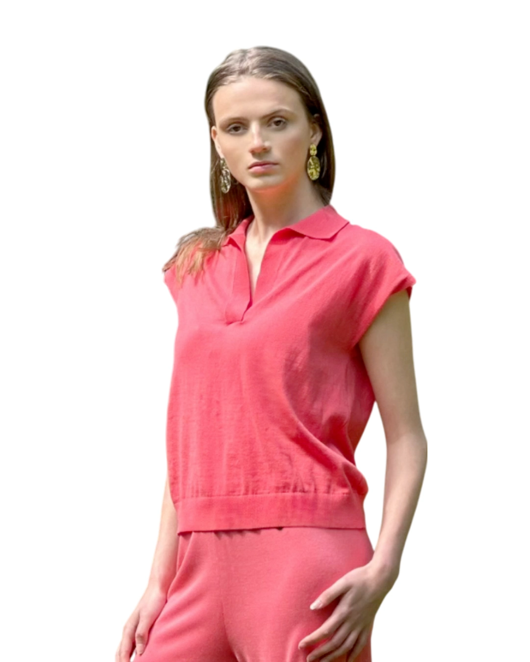 Breathable Loose Fit Knitted Cotton Coral Summer Polo Top - AALKAMI.London