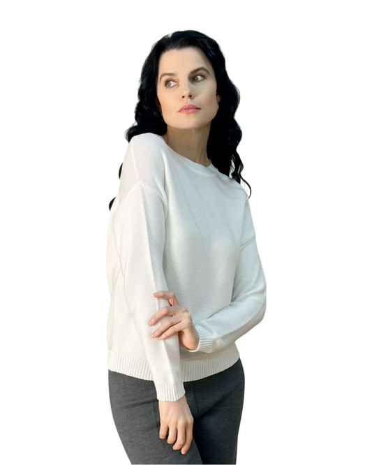 Classic Silhouette Long Sleeves Cotton Knitted Ribbed White Crew Neck Top - AALKAMI.London