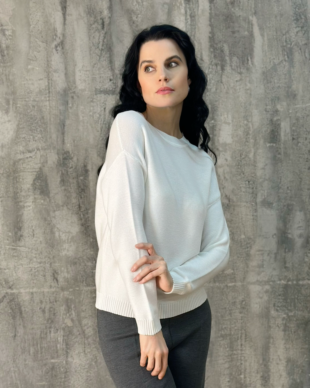Long Sleeves Ribbed Knitted Crew Neck White Cotton Top - AALKAMI.London
