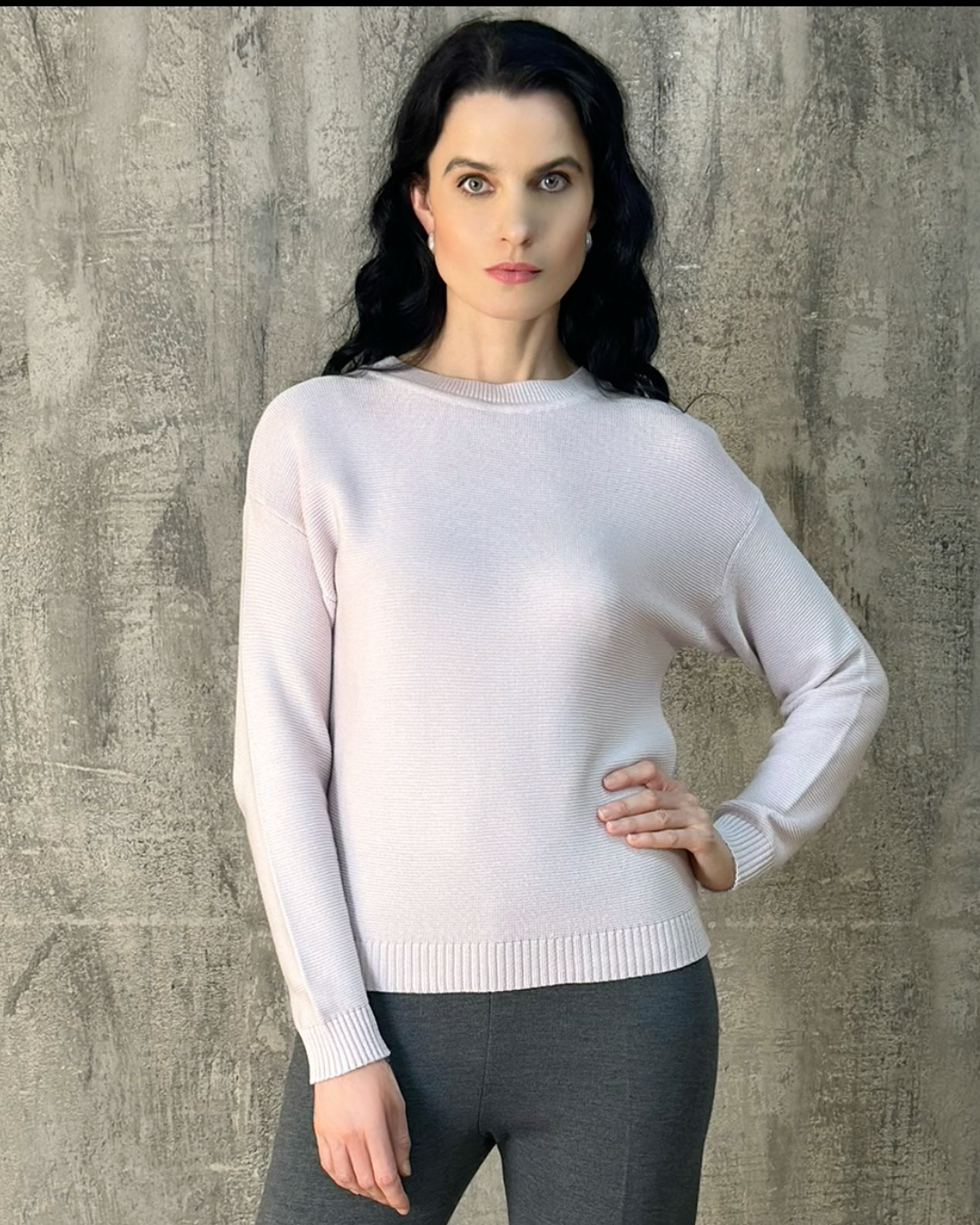 Cotton Knitted Crew Neck Long Sleeve Light Pink Top - AALKAMI.London